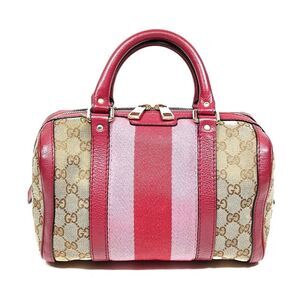 Gucci Vtg GG Beige Supreme Pink Red Web & Leather Joy Boston Tote Bag Auth Small